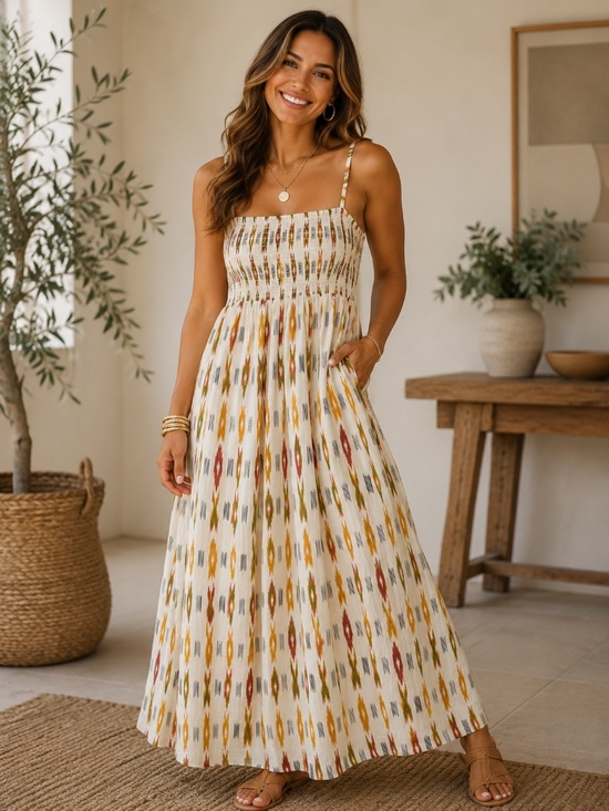 Dresses & Skirts - Boho Ikat Smocked Cotton Maxi Dress Medium Cottagecore Festival Coquette Chic